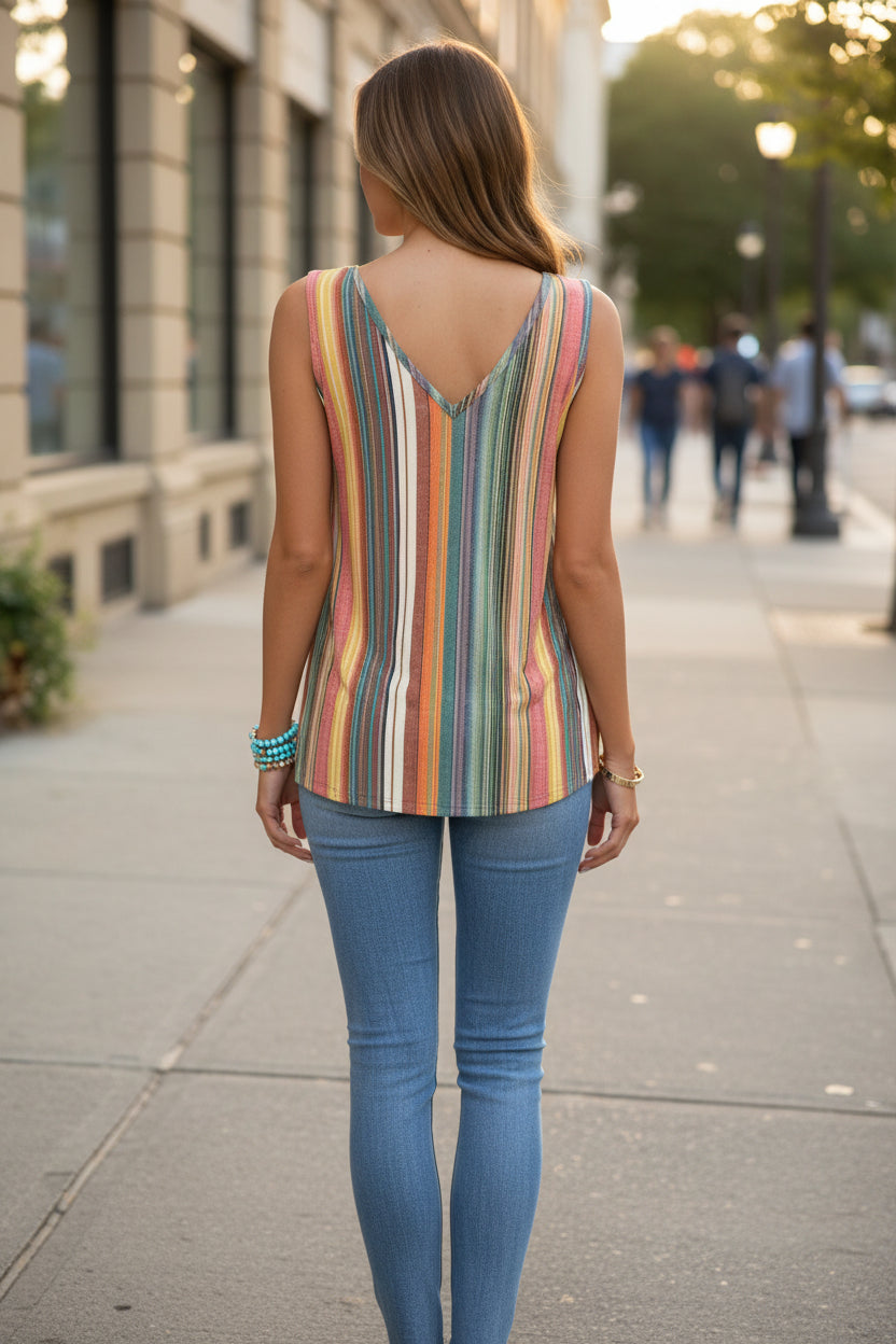 Colorful Striped V-Neck Top with Knot Detail