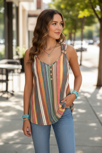Colorful Striped V-Neck Top with Knot Detail