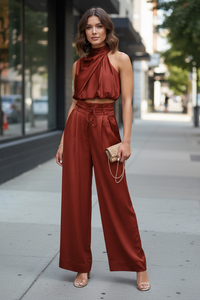 Halter Top And Wide-Leg Bottoms Set