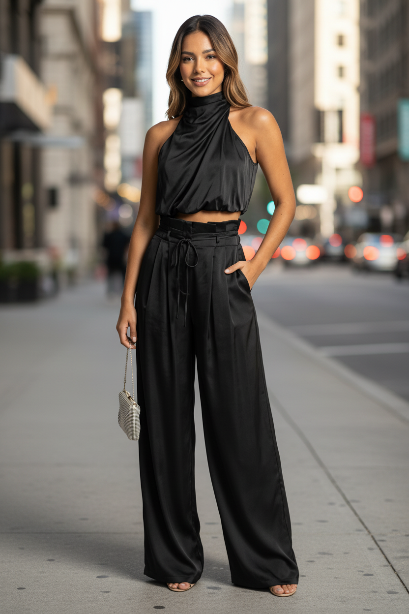 Halter Top And Wide-Leg Bottoms Set