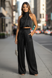 Halter Top And Wide-Leg Bottoms Set