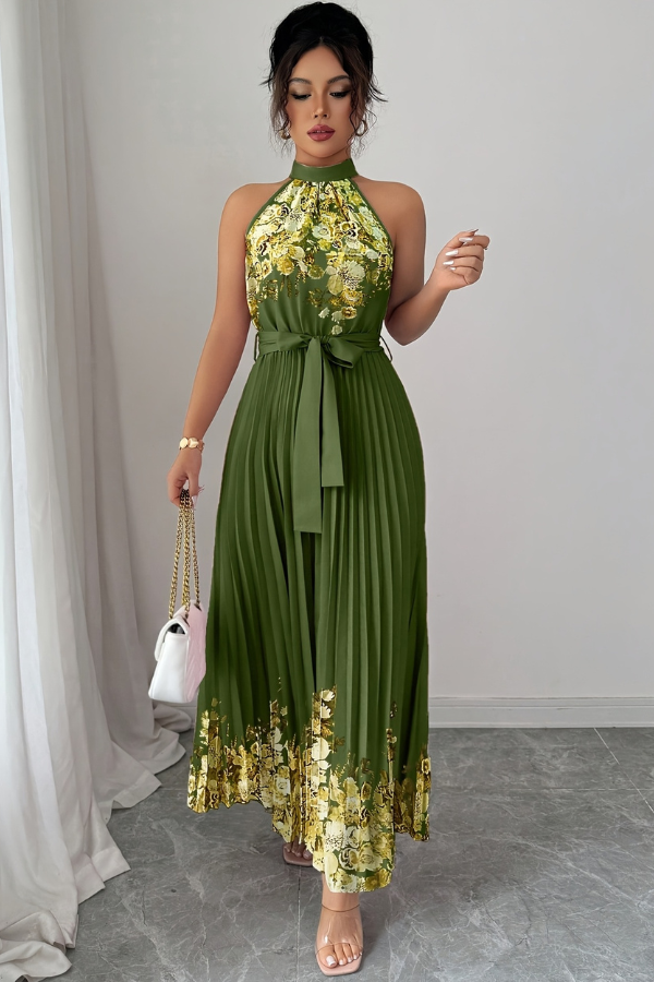 Floral Pleated Square Neck Midi Dresses