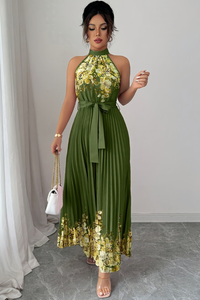 Floral Pleated Square Neck Midi Dresses