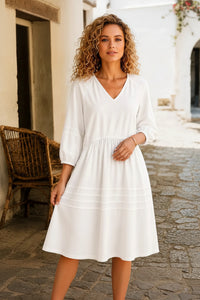 Puff Sleeve V-Neck Babydoll Midi Dress
