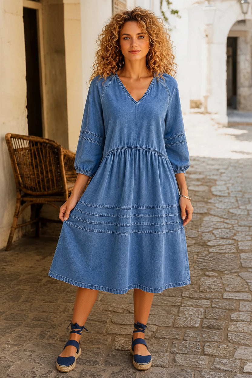 Puff Sleeve V-Neck Babydoll Midi Dress