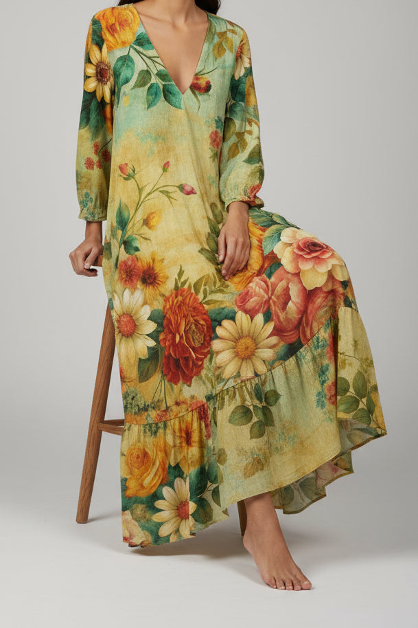 Vintage Boho V-Neck Maxi Dress for Effortless Summer Style 0