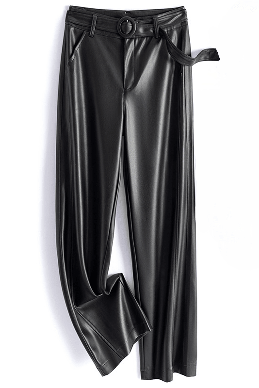 Vivian Sheepskin Leather Pants - Straight-Leg Design with Circular Buckle 0