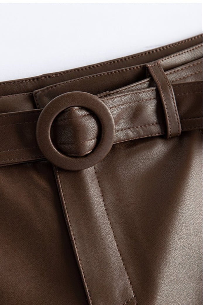 Vivian Sheepskin Leather Pants - Straight-Leg Design with Circular Buckle 7