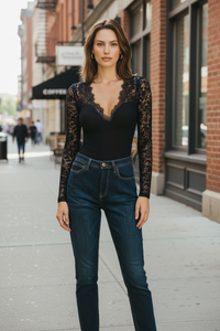 Lace V-Neck Blouse with Long Sleeves