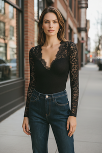 Lace V-Neck Blouse with Long Sleeves