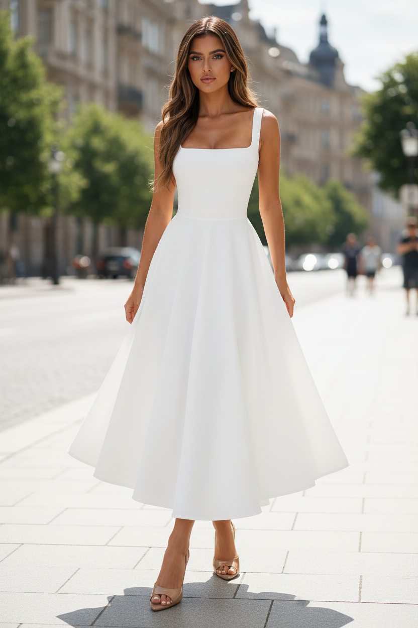 Square Neck A-Line Midi Dress