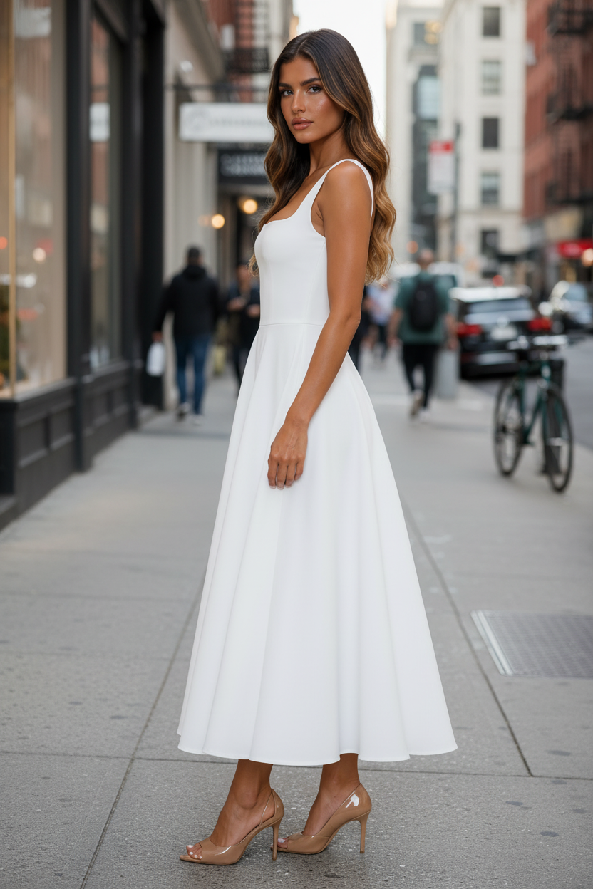Square Neck A-Line Midi Dress