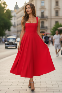 Square Neck A-Line Midi Dress