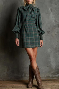 Etta | Women's Plaid Bow Long Sleeve Mini Dress
