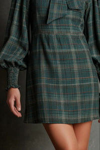 Etta | Women's Plaid Bow Long Sleeve Mini Dress
