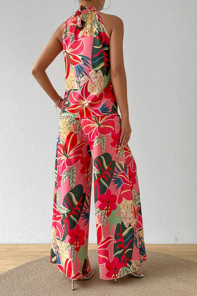 Printed Halter Outfit with Flowing Long Pants