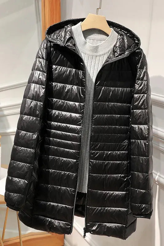 Hooded Quilted Zip Front Longline Coat