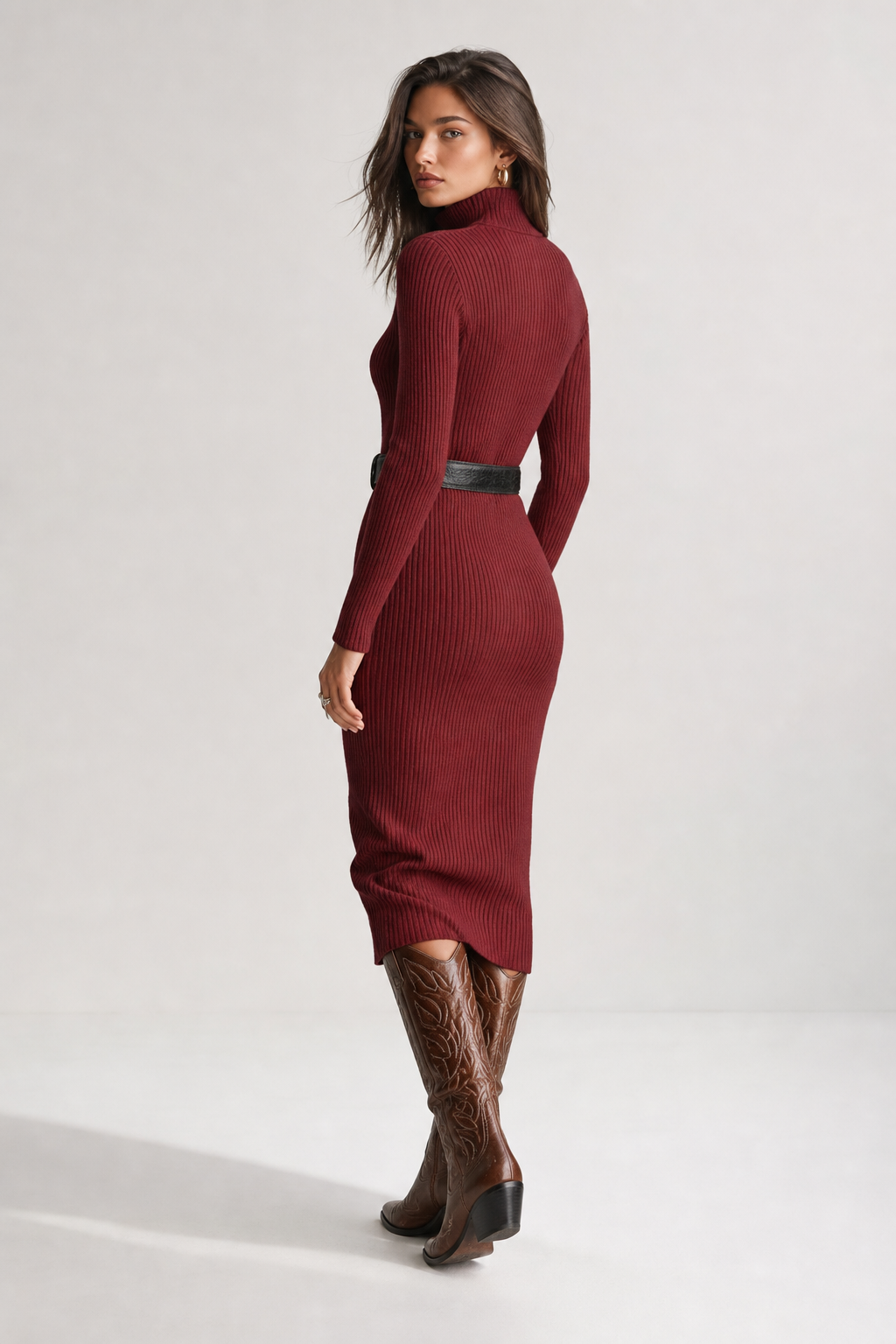 Imogen | Women's Ribbed Knit Collared V-Neck Midi Dress