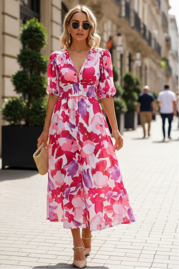 Soft Puff V-Neck Midi Dress