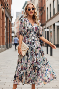 Soft Puff V-Neck Midi Dress