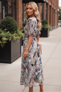 Soft Puff V-Neck Midi Dress
