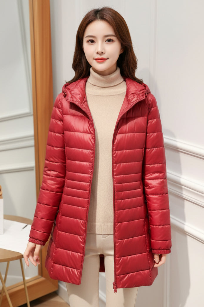 Hooded Quilted Zip Front Longline Coat