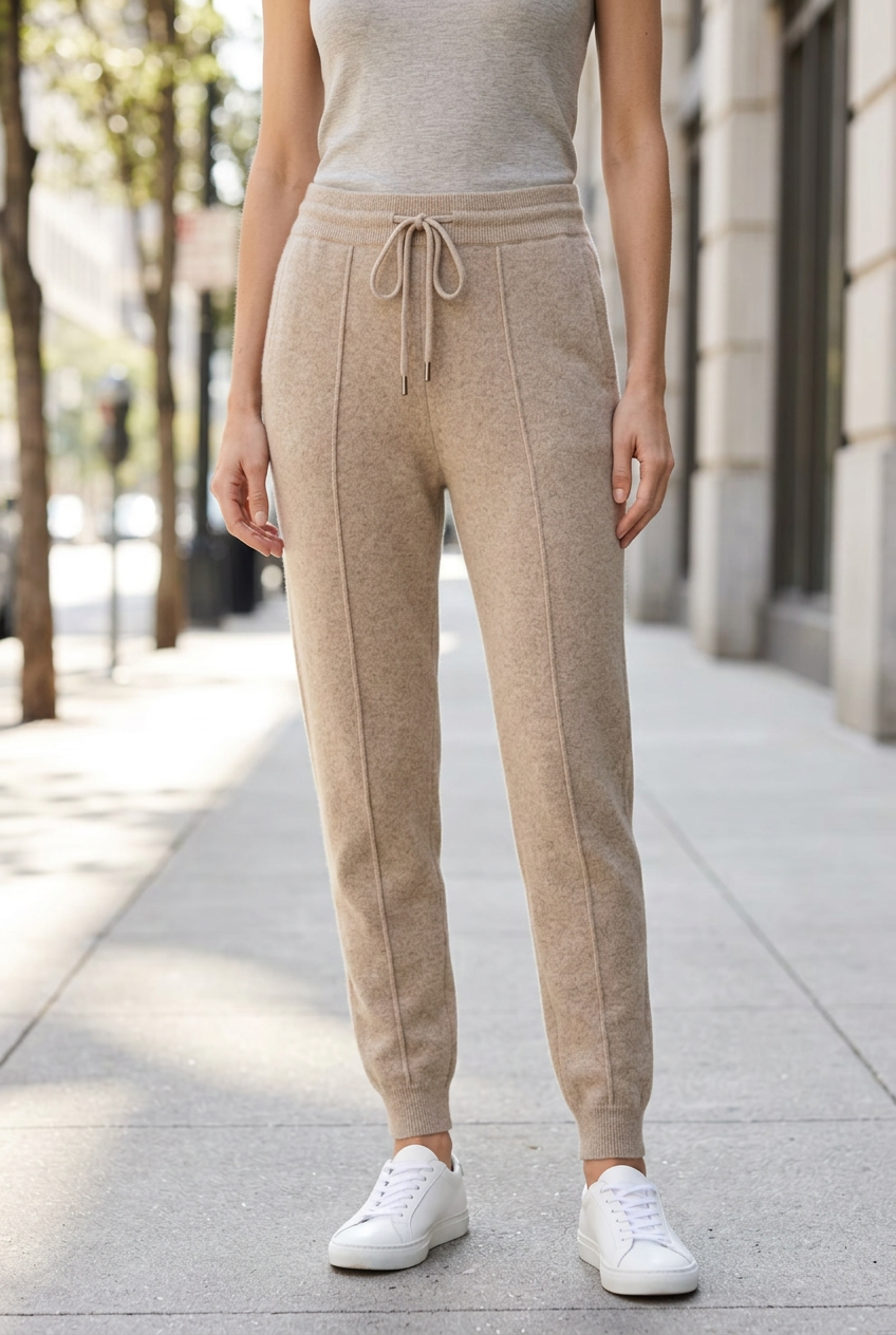 Beige joggers on sidewalk