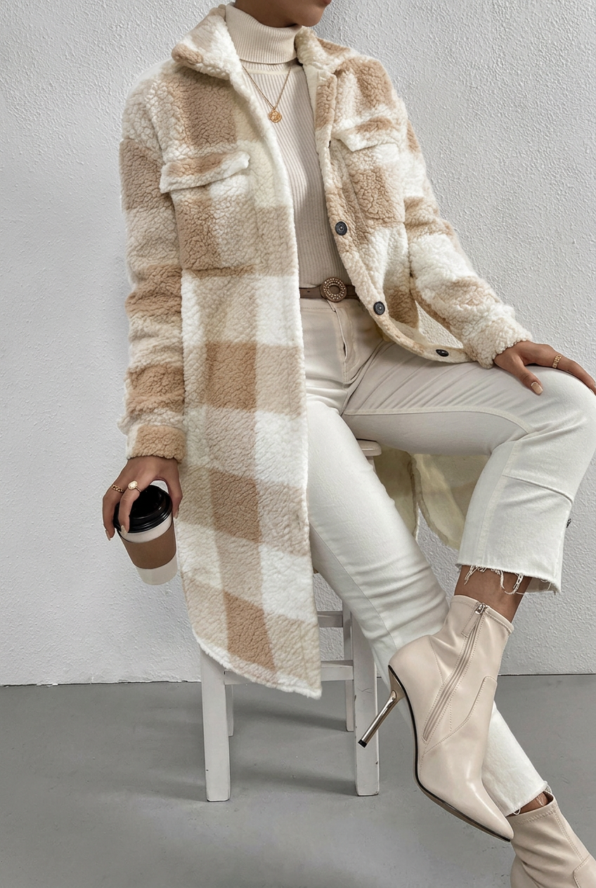 Beige plaid Ada coat, alternate seated view