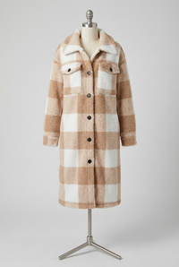 Beige plaid Ada coat on mannequin