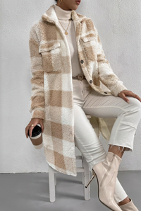 Beige plaid Ada coat, seated view