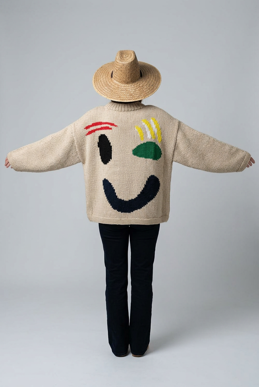 Beige smiley jumper with hat, rear studio view