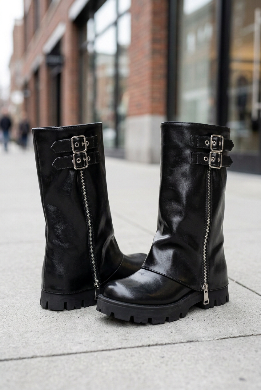 Black boot pair with outer-side zippers