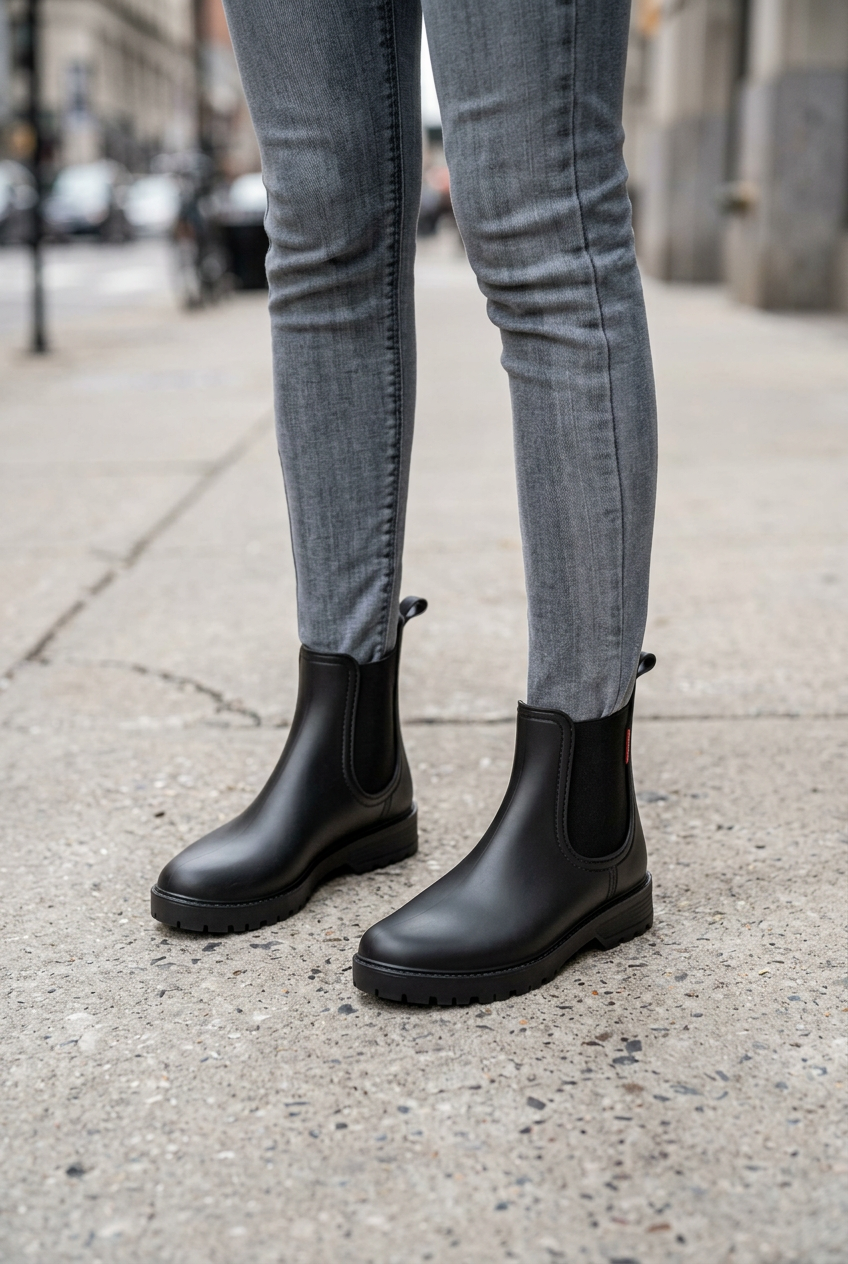 Black boots worn with gray jeans on a sidewalk