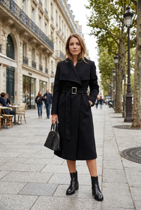 Black coat sidewalk portrait