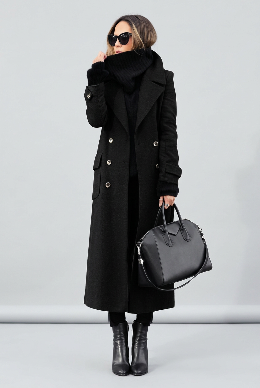 Black full-length coat studio preview
