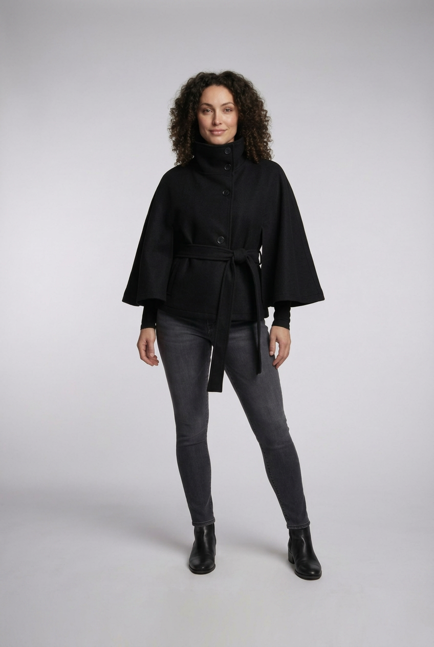 Black Martha wrap jacket, full-body front view