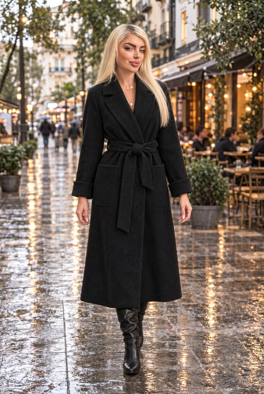 Black Phoebe wrap coat in 2:3 portrait