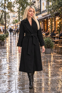 Black Phoebe wrap coat in 2:3 portrait