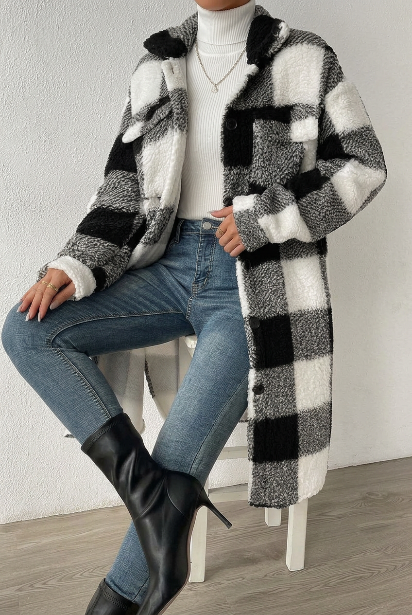 Black plaid Ada coat, alternate seated view