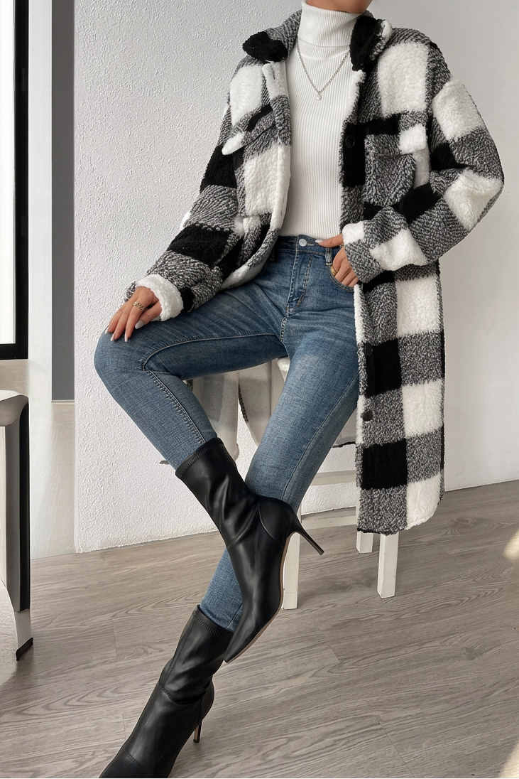 Black plaid Ada coat, seated view