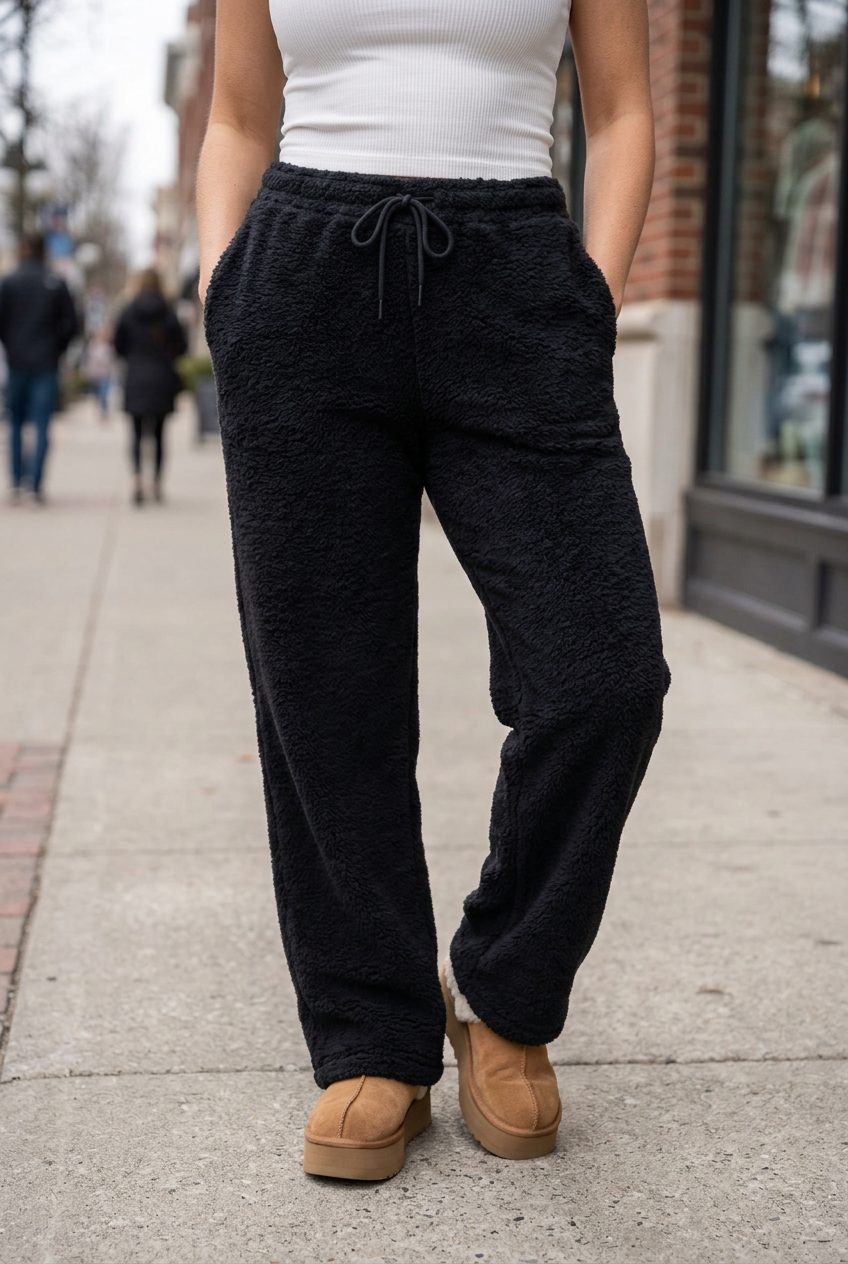 Black trousers, detail view