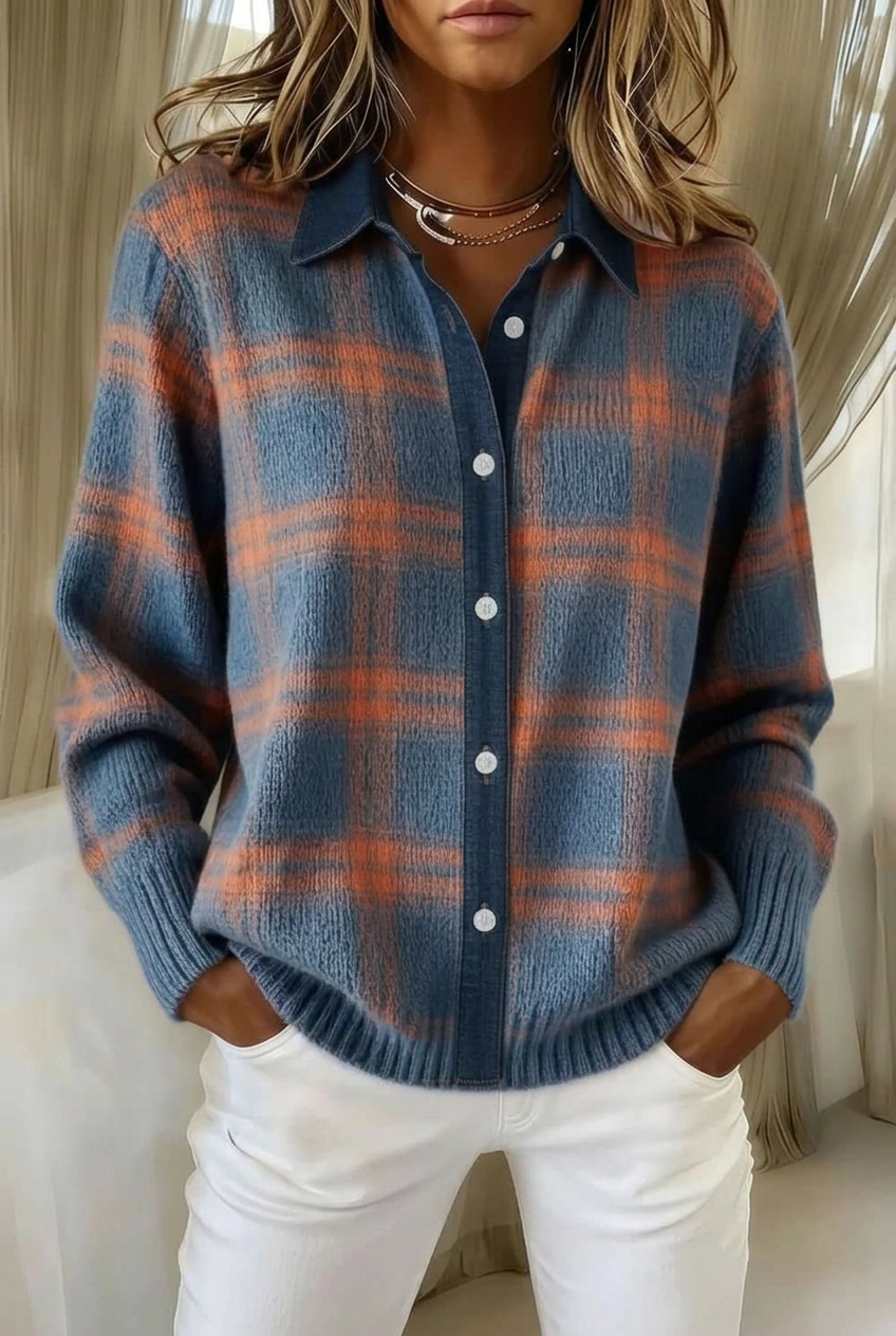 Blue and rust checked Maeve cardigan in 2:3