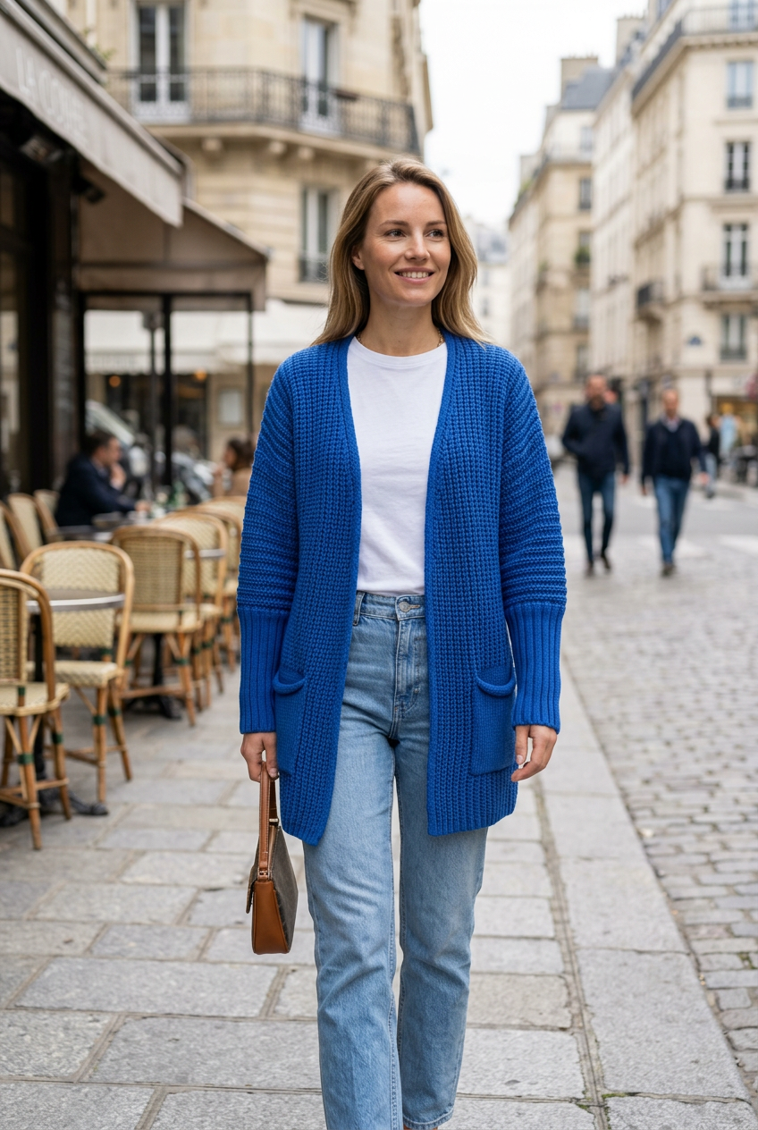 Blue cardigan sidewalk portrait
