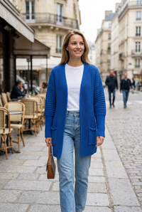 Blue cardigan sidewalk portrait