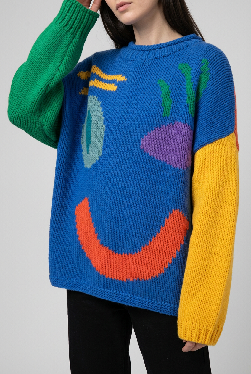 Blue multicolor smiley jumper in 2:3 studio style