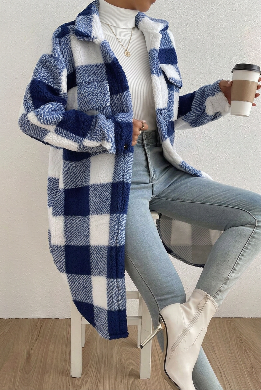 Blue plaid Ada coat, seated view
