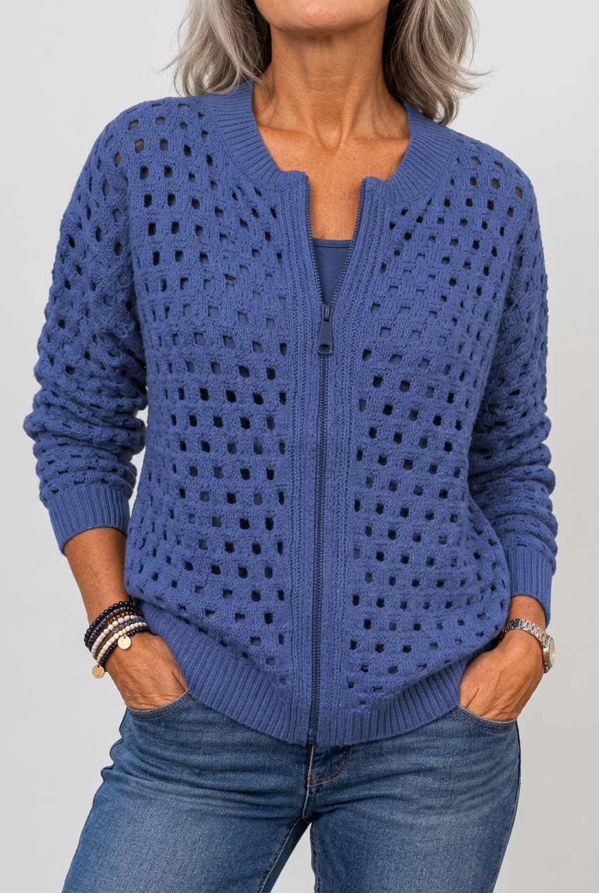 Blue Tilly cardigan studio preview