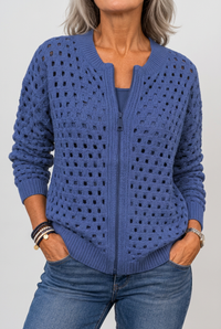 Blue Tilly cardigan studio preview