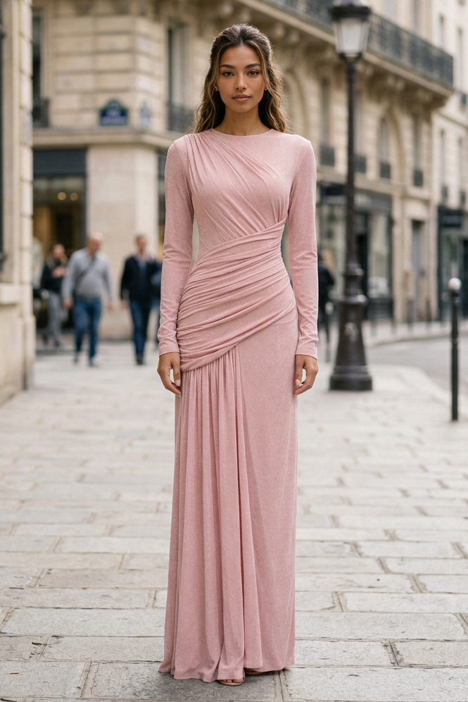 Blush pink dress on a European sidewalk