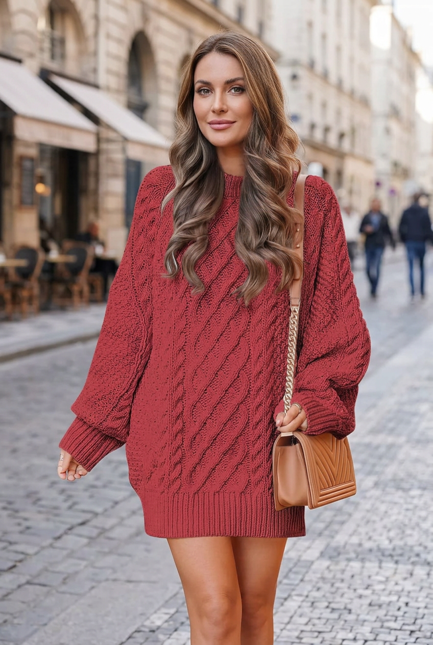 Brick red sweater sidewalk portrait